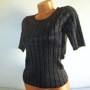 T Tahari Black Gold Shimmer Lurex Ribbed Knit Sweater Top SMALL Metallic nwt
